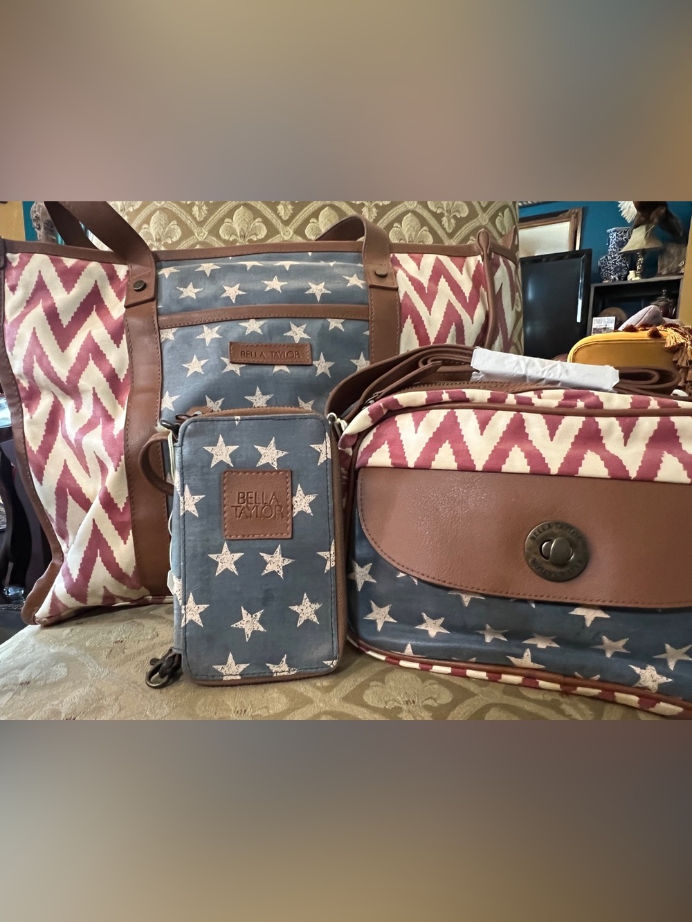 Bella Taylor Star & Chevron Tote Set in Blue, Red, White 3pc. Set NEW